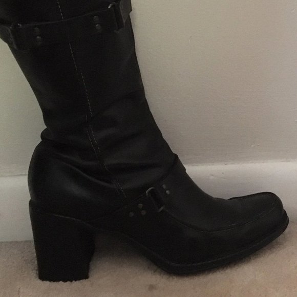 90's Boots Size 7.5 Black Leather Western Biker Apparel Wood Heel Women Indigo - Picture 8 of 9